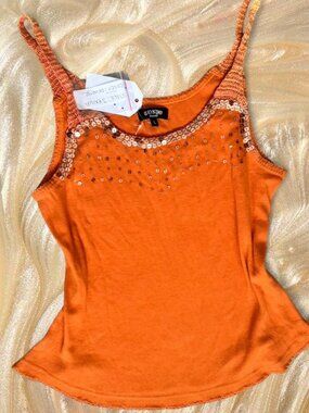 Deadstock Y2K Gold Sequin Orange Knit Japanese Tank Top by Tokyo Denim | Ibiza